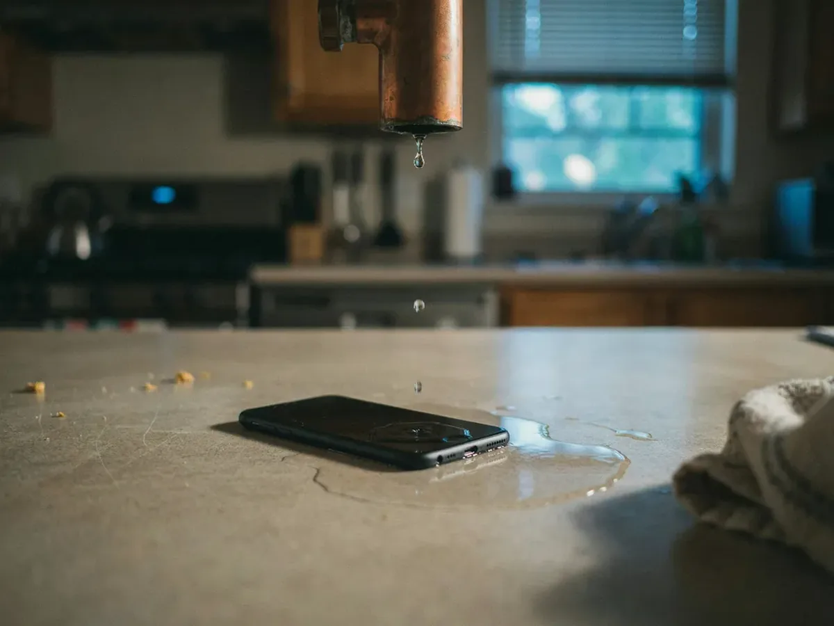 Phone on a kitchen counter beside a spreading puddle from a dripping pipe under the sink, late in the evening