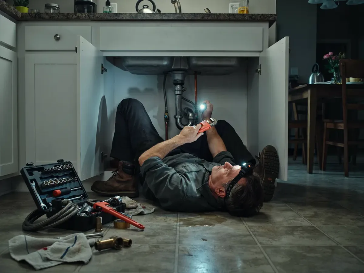 Plumber working by headlamp under a kitchen sink late at night on a 24/7 emergency call in West Valley City
