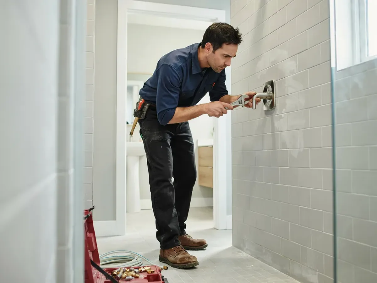 Plumber fitting a chrome shower valve trim in a newly tiled walk-in shower during a bathroom plumbing job