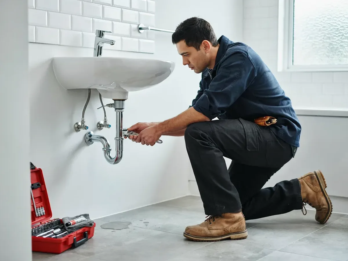 Plumber connecting the P-trap beneath a new pedestal sink with new supply lines and shutoff valves