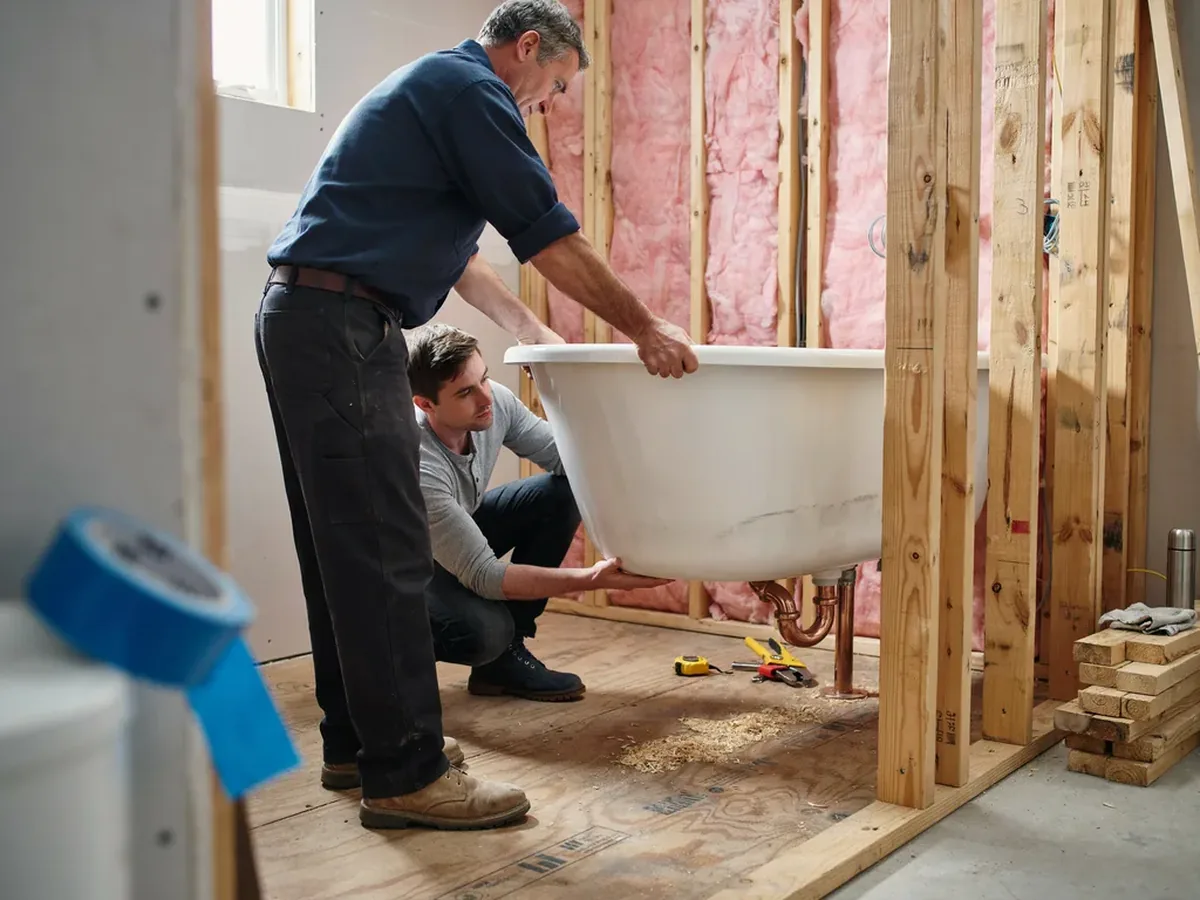 Two plumbers lowering a new alcove bathtub into a framed opening in a bathroom under renovation