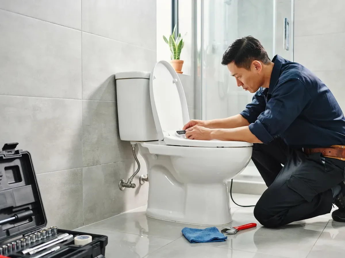 Plumber fitting an electronic bidet seat onto a toilet and connecting the water supply tee behind it