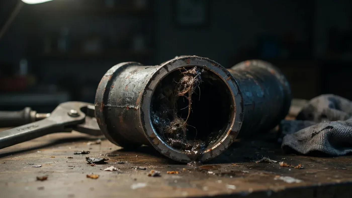 Cut-open section of old drain pipe caked inside with grease and hair, narrowing the opening to a small channel
