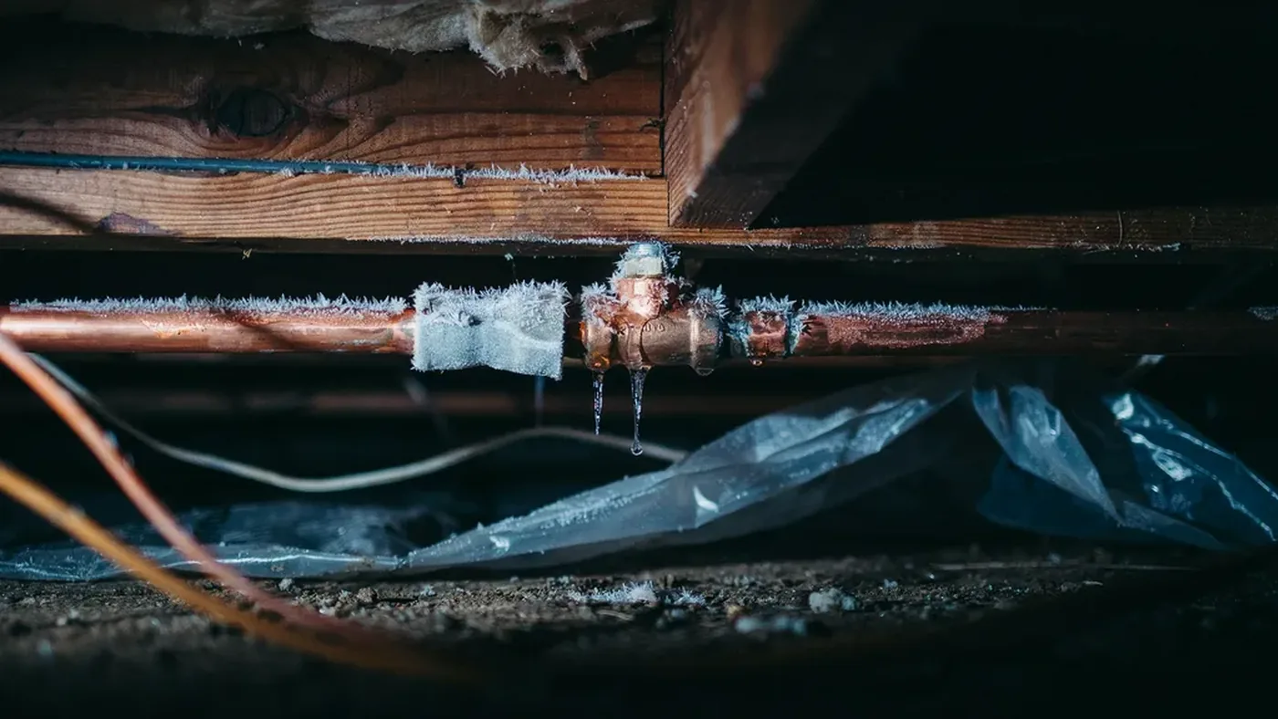 Frozen copper water pipe coated in frost in an unheated crawlspace, with foam pipe insulation partly wrapped around it