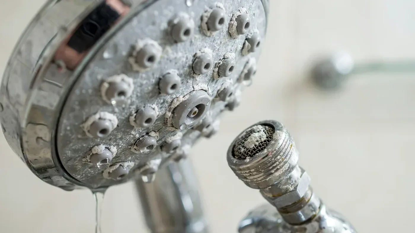 Chrome shower head heavily crusted with white limescale from hard Salt Lake Valley water