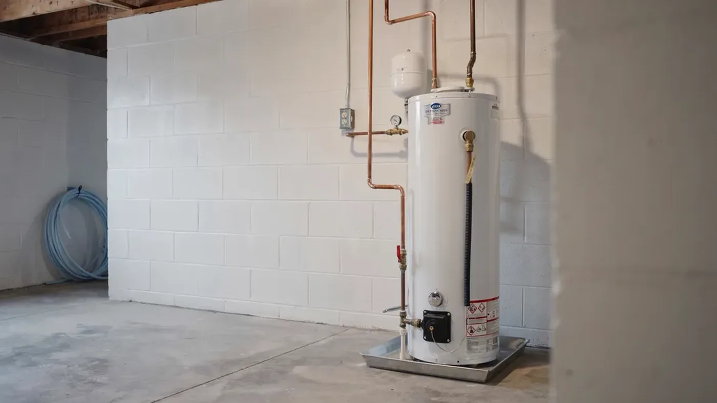 Residential gas water heater in a basement utility area with copper piping, expansion tank and drain pan