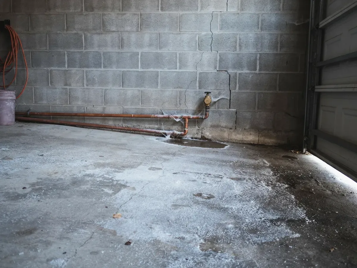 Uninsulated copper water pipe running along a cold garage wall near a draughty gap under the garage door