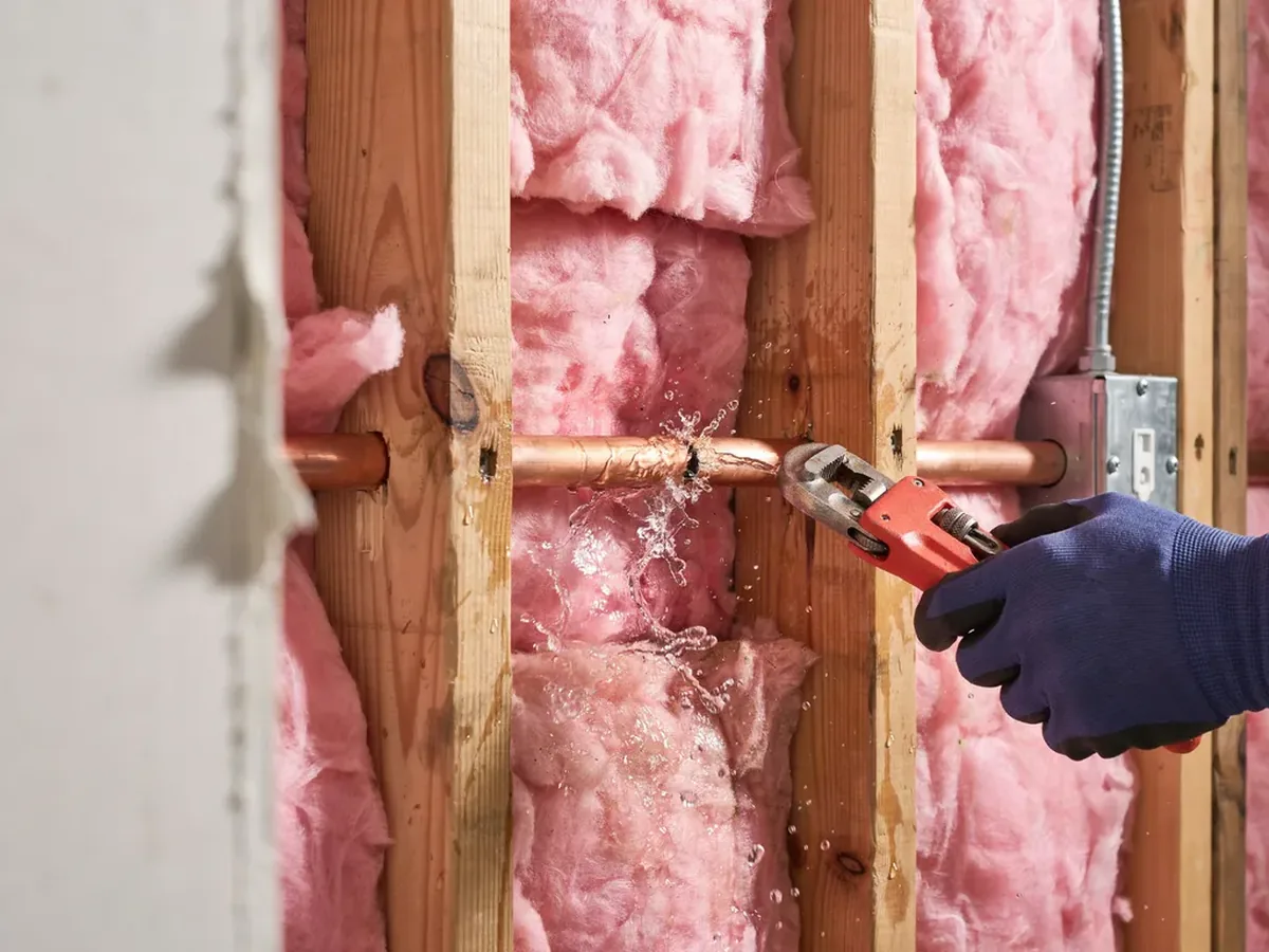 Copper water pipe split along a seam inside a wall cavity, spraying water onto soaked insulation and framing