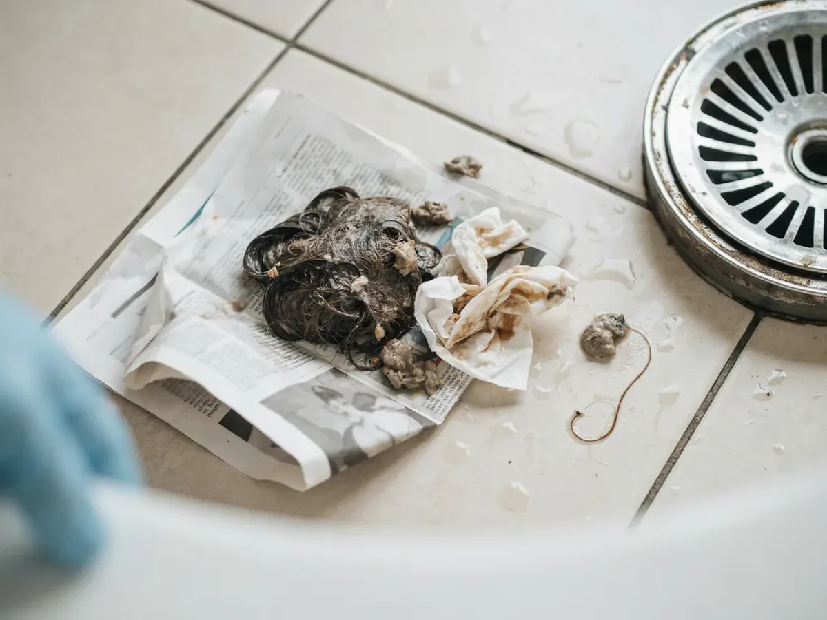 Pile of wet hair, grease and wipes pulled out of a blocked drain, lying on newspaper on a bathroom floor