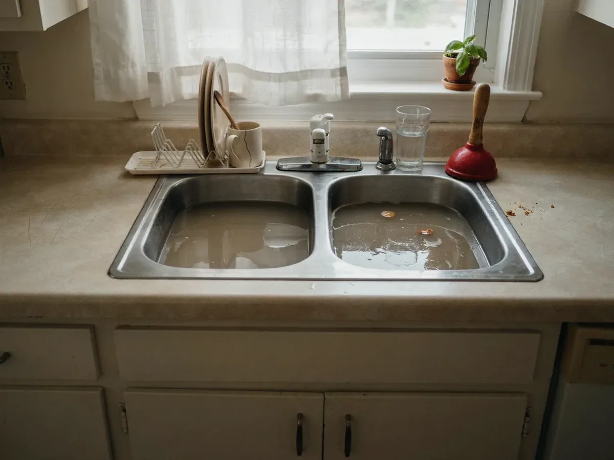 Kitchen sink full of standing dirty water that will not drain, with a plunger on the counter beside it