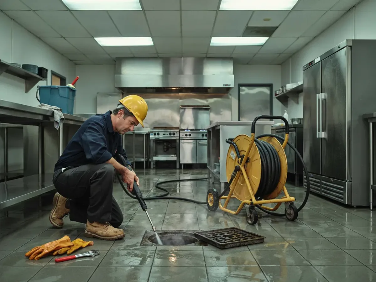 Plumber jetting a floor drain in a commercial restaurant kitchen after hours