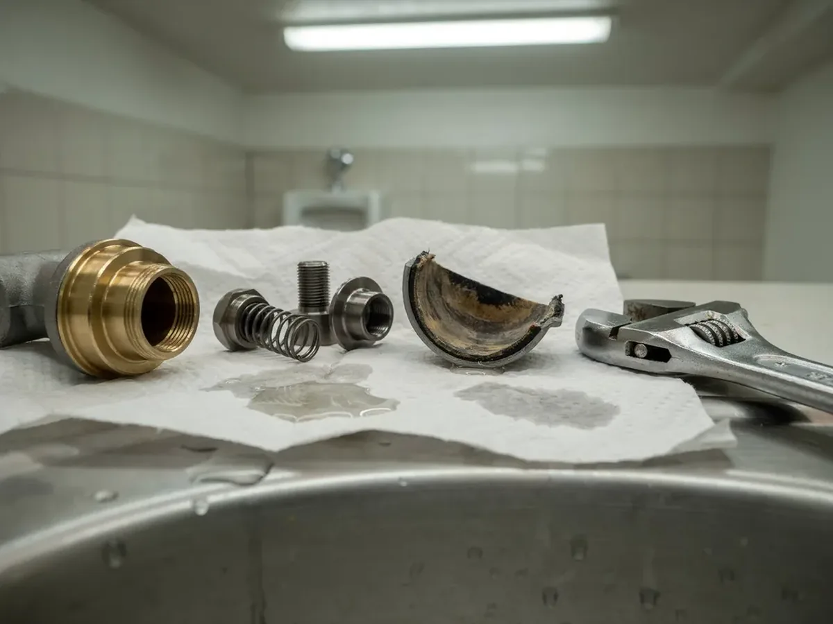 Commercial restroom flush valve dismantled with worn diaphragm parts laid out on the sink counter