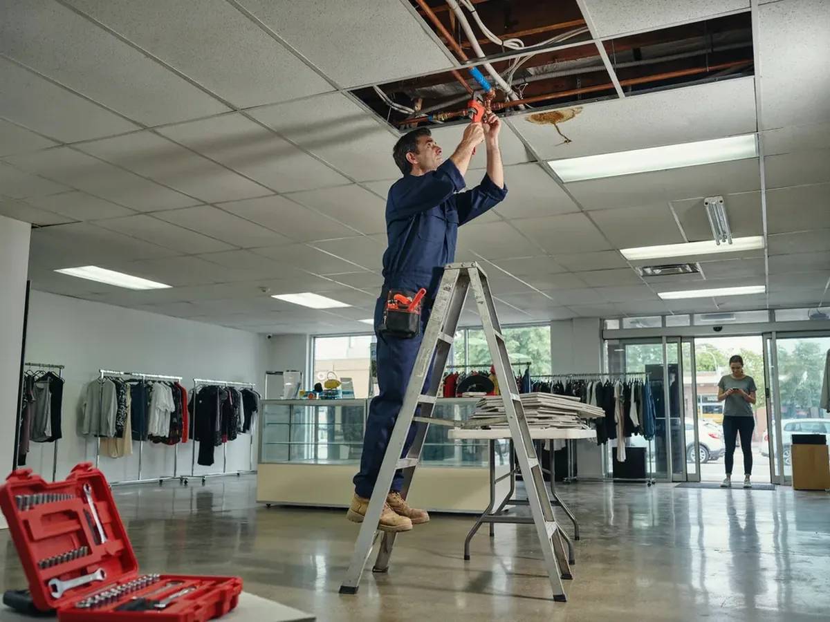 Plumber on a ladder repairing overhead pipework in a commercial ceiling space with tiles removed