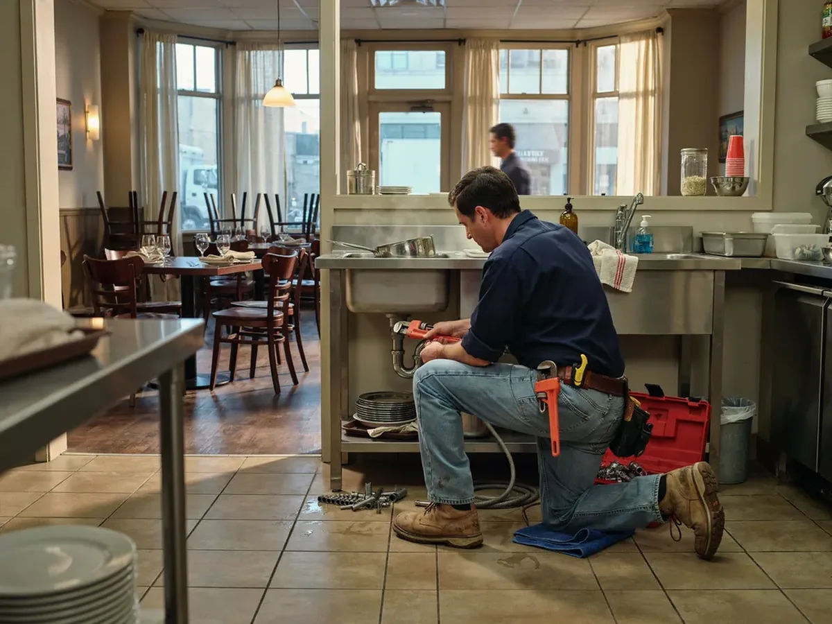 Plumber working under a sink in a restaurant kitchen before opening, chairs still stacked on the tables beyond