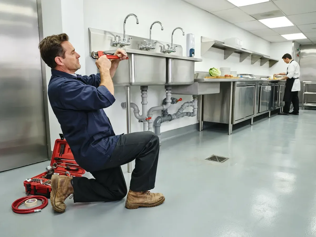 Plumber working on stainless steel pipework beneath a three-compartment sink in a commercial restaurant kitchen