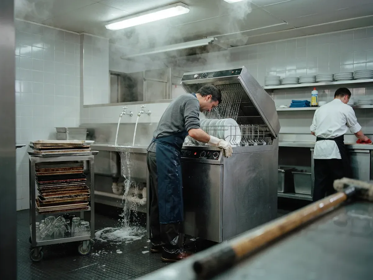 Busy commercial kitchen dish pit at the end of service, dishwasher steaming and taps running