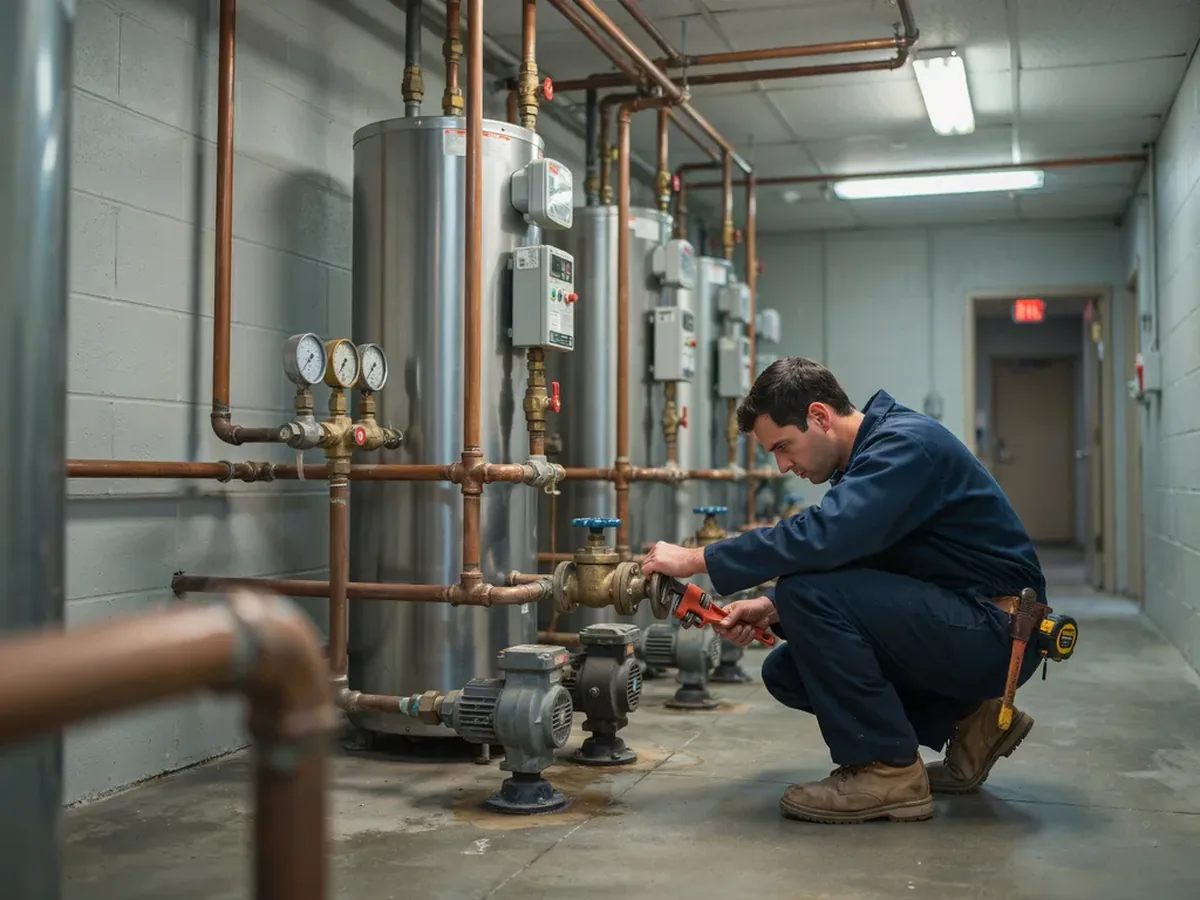 Bank of large commercial water heaters in a mechanical room with copper piping, gauges and recirculation pumps
