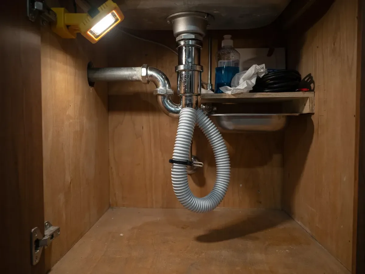 Dishwasher drain hose secured in a high loop under a kitchen sink, with a chrome air gap on the counter above