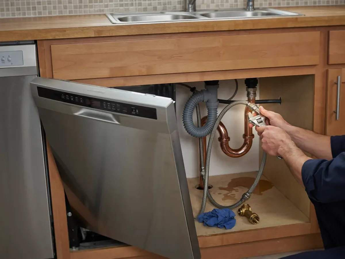 Dishwasher pulled out from under a counter exposing its water supply line and drain hose during connection