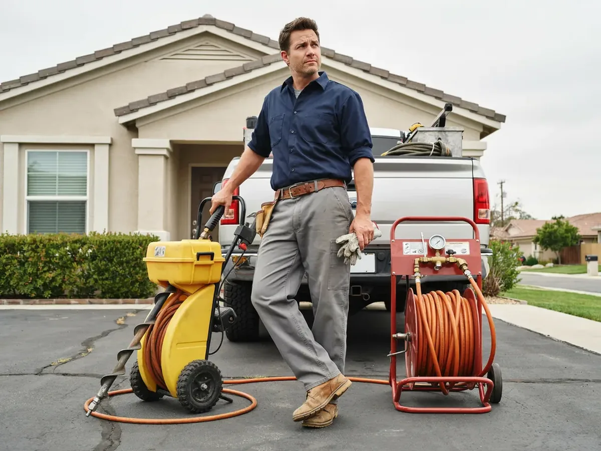 Drain cable machine and a hydro jetting hose reel standing side by side on a driveway