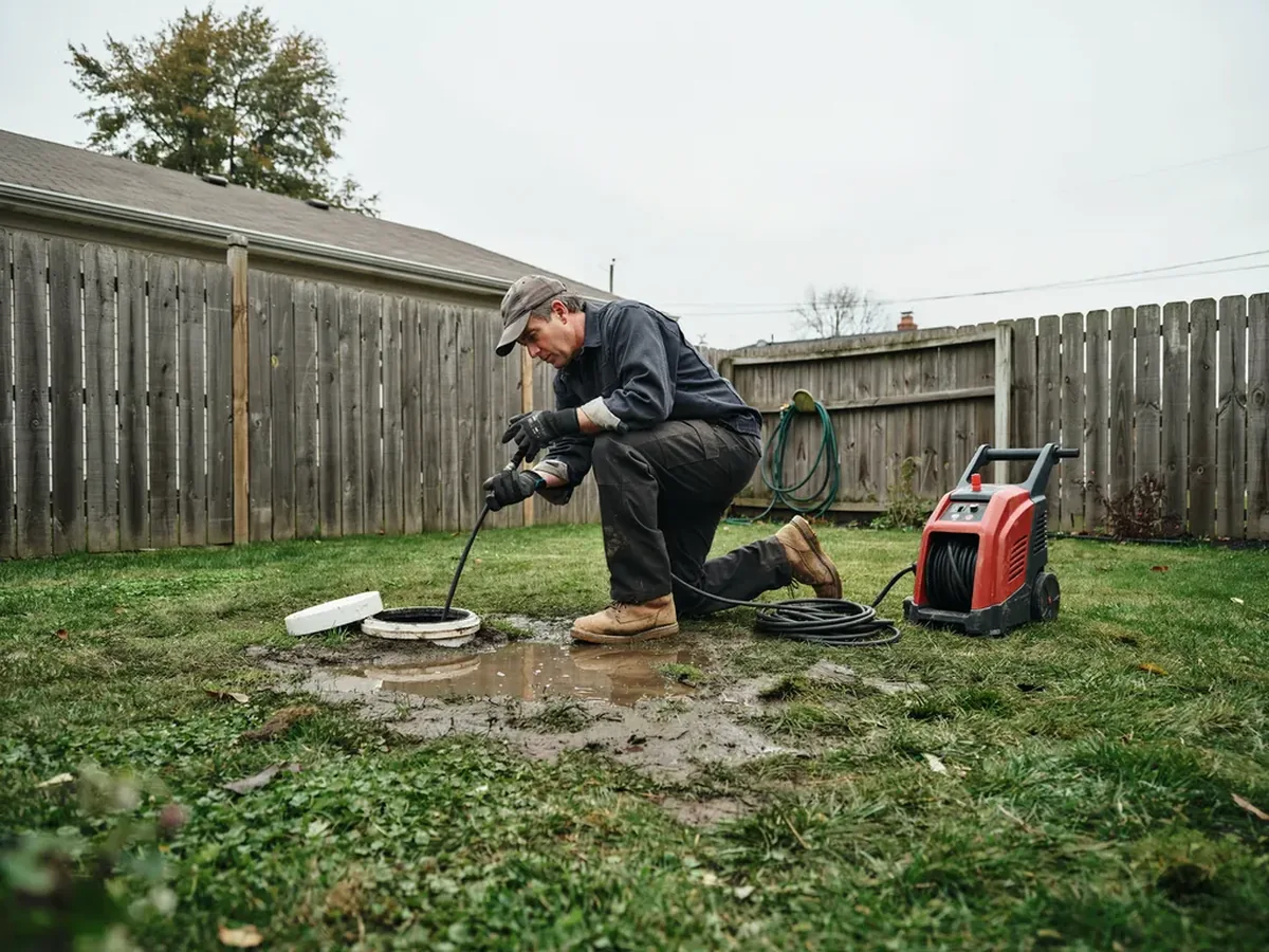 Plumber feeding a motorised drain cleaning cable into an exterior sewer cleanout in a West Valley City backyard