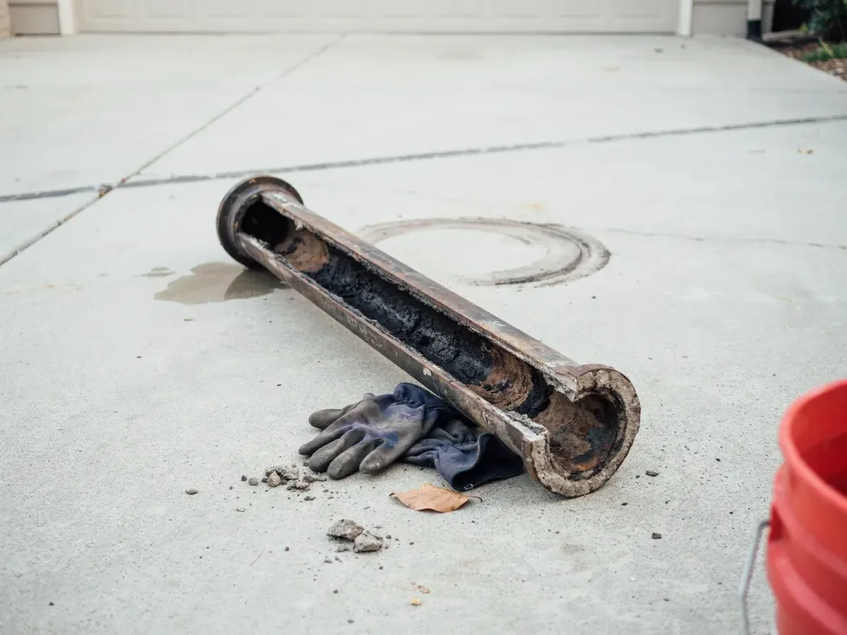 Section of old cast iron drain pipe cut open on a driveway, heavy scale and sludge caked inside it