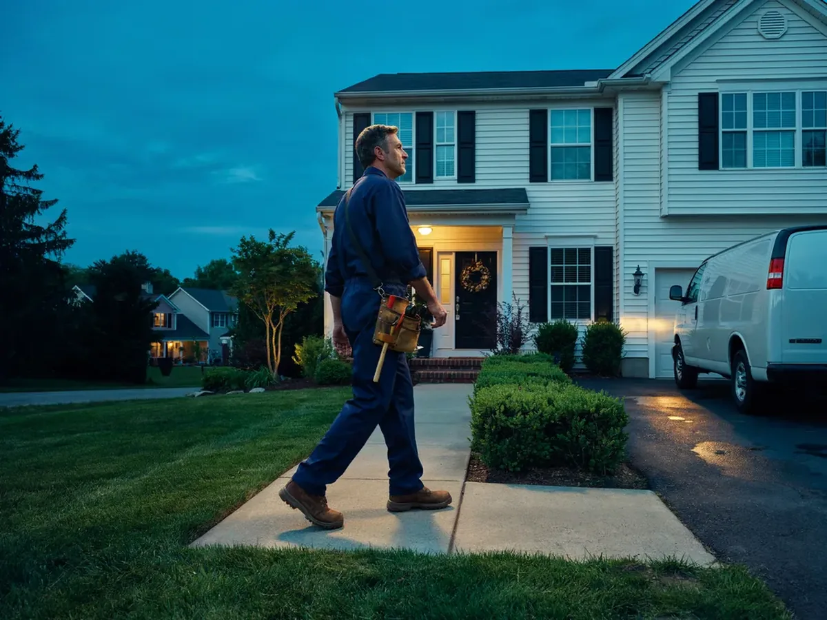 Emergency plumber arriving at a West Valley City home at night, tool bag in hand and service van headlights on the driveway