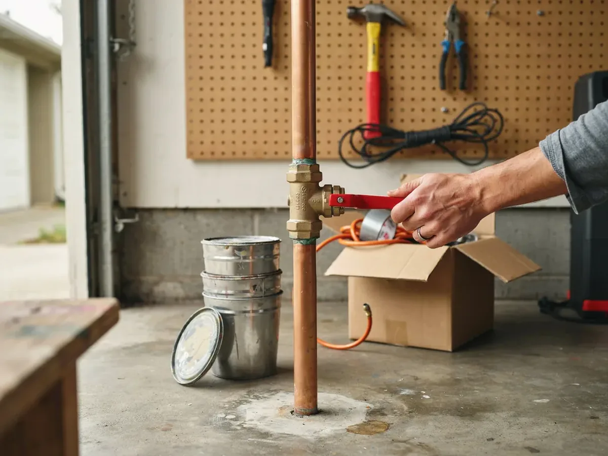 Main water shutoff valve on a copper pipe in a cluttered garage corner, with a hand reaching in to turn the lever