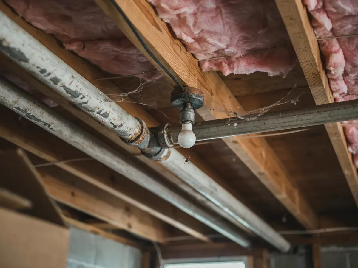 Old corroded galvanized steel water pipes running along a dusty basement ceiling in an older West Valley City home