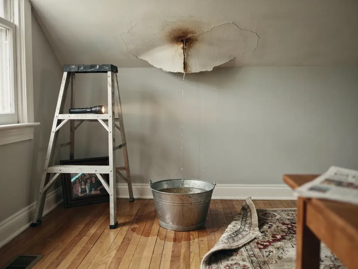 Water dripping through a stained ceiling into a bucket on a hardwood floor from an active leak above