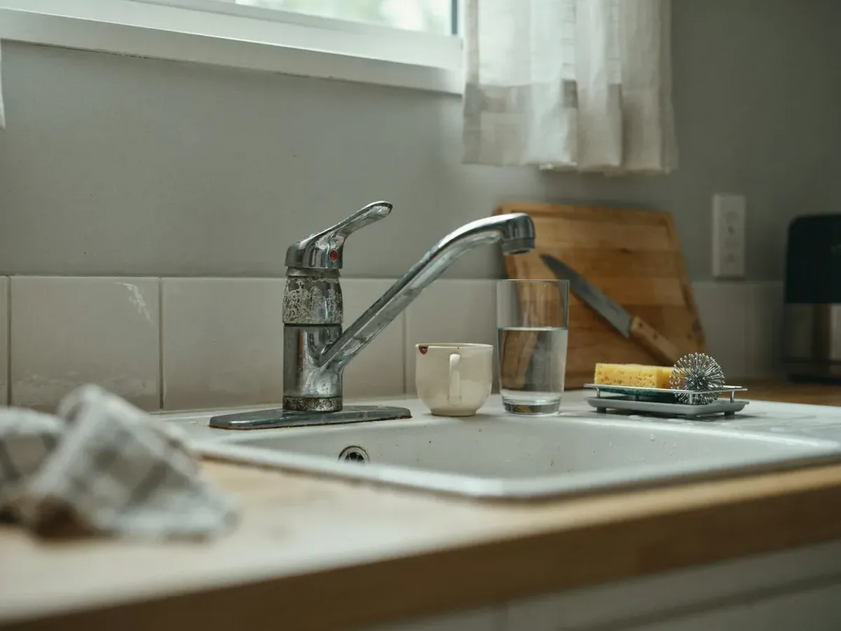 Worn old kitchen faucet with a corroded base and hard water staining on the sink deck