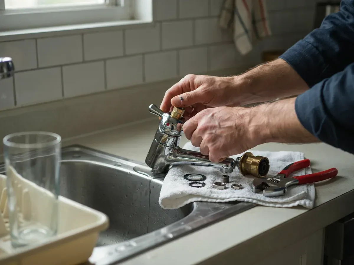 Plumber replacing a worn faucet cartridge, with the disassembled chrome faucet body and parts laid out on the counter