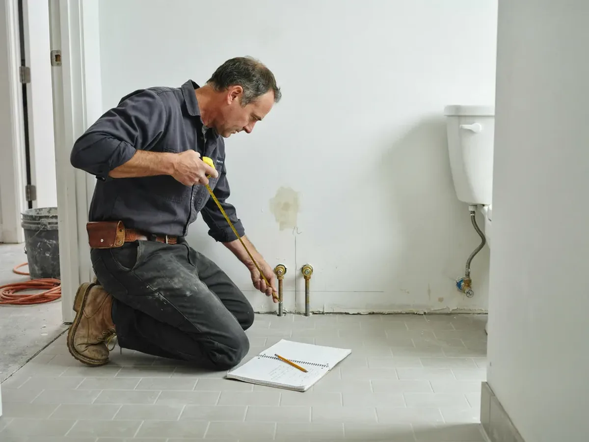 Plumber measuring the rough-in distance from a bathroom wall to the toilet closet bolts with a tape measure