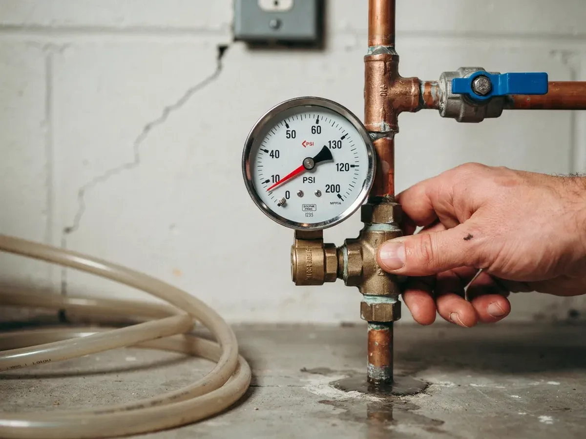 Pressure test gauge attached to a household water line in a basement, the needle being watched for a drop