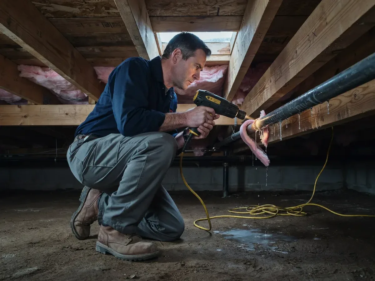 Plumber thawing a frost-covered frozen copper pipe in a crawlspace with a heat gun