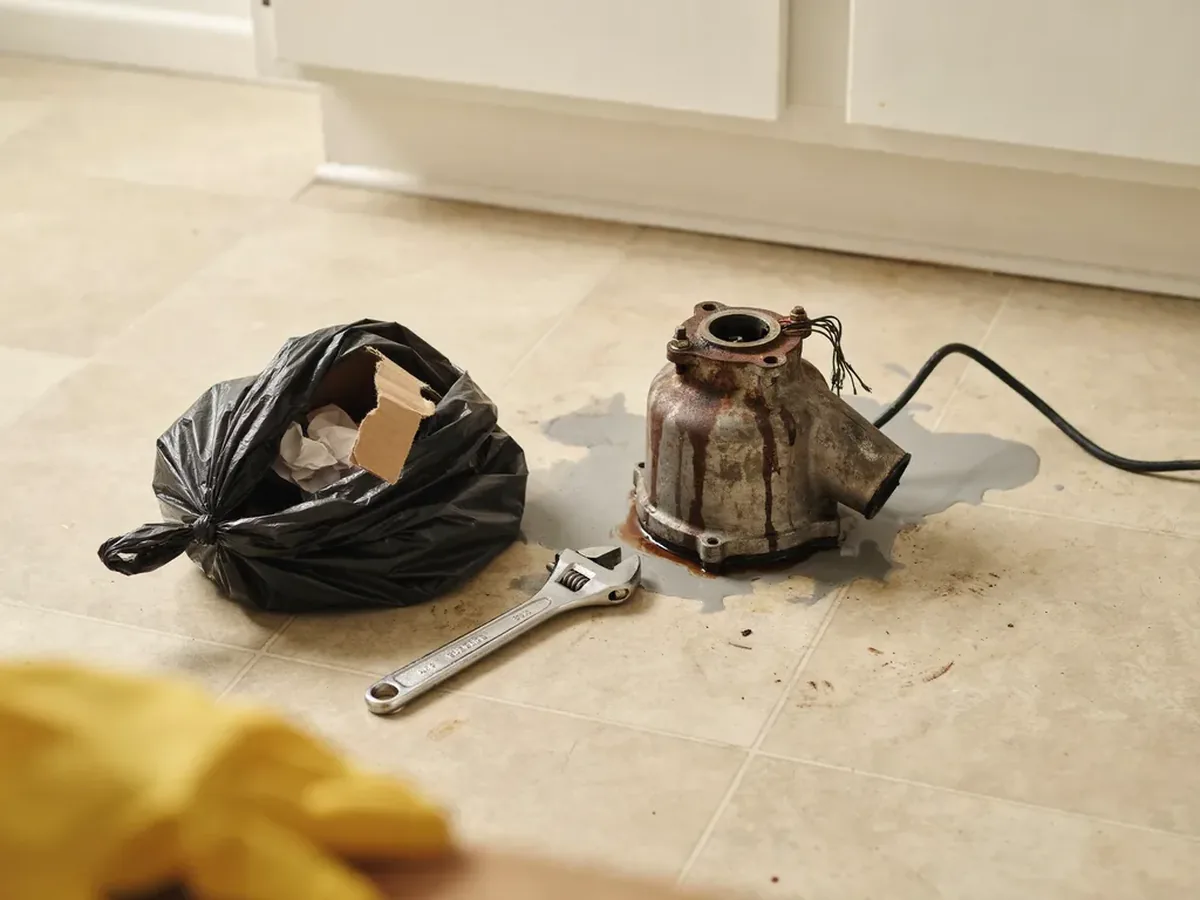 Old removed garbage disposal with a rusted, leaking housing sitting on a kitchen floor