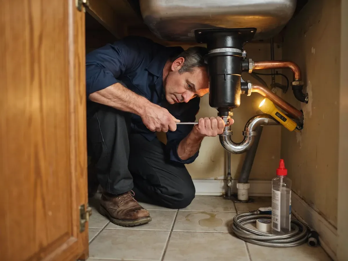 Plumber using a hex wrench underneath a garbage disposal to free a jammed impeller