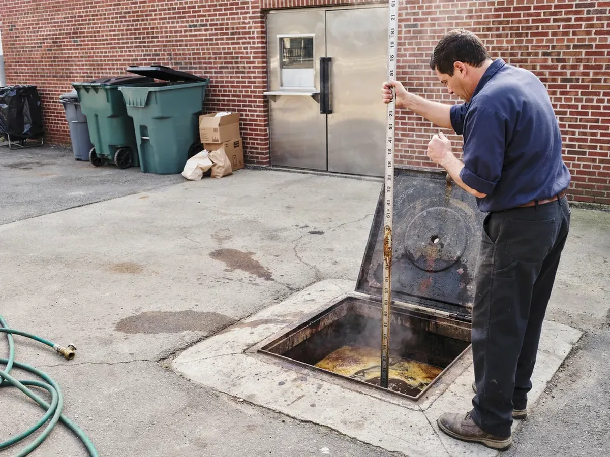 Measuring rod lowered into an open grease trap to check the depth of the accumulated grease layer