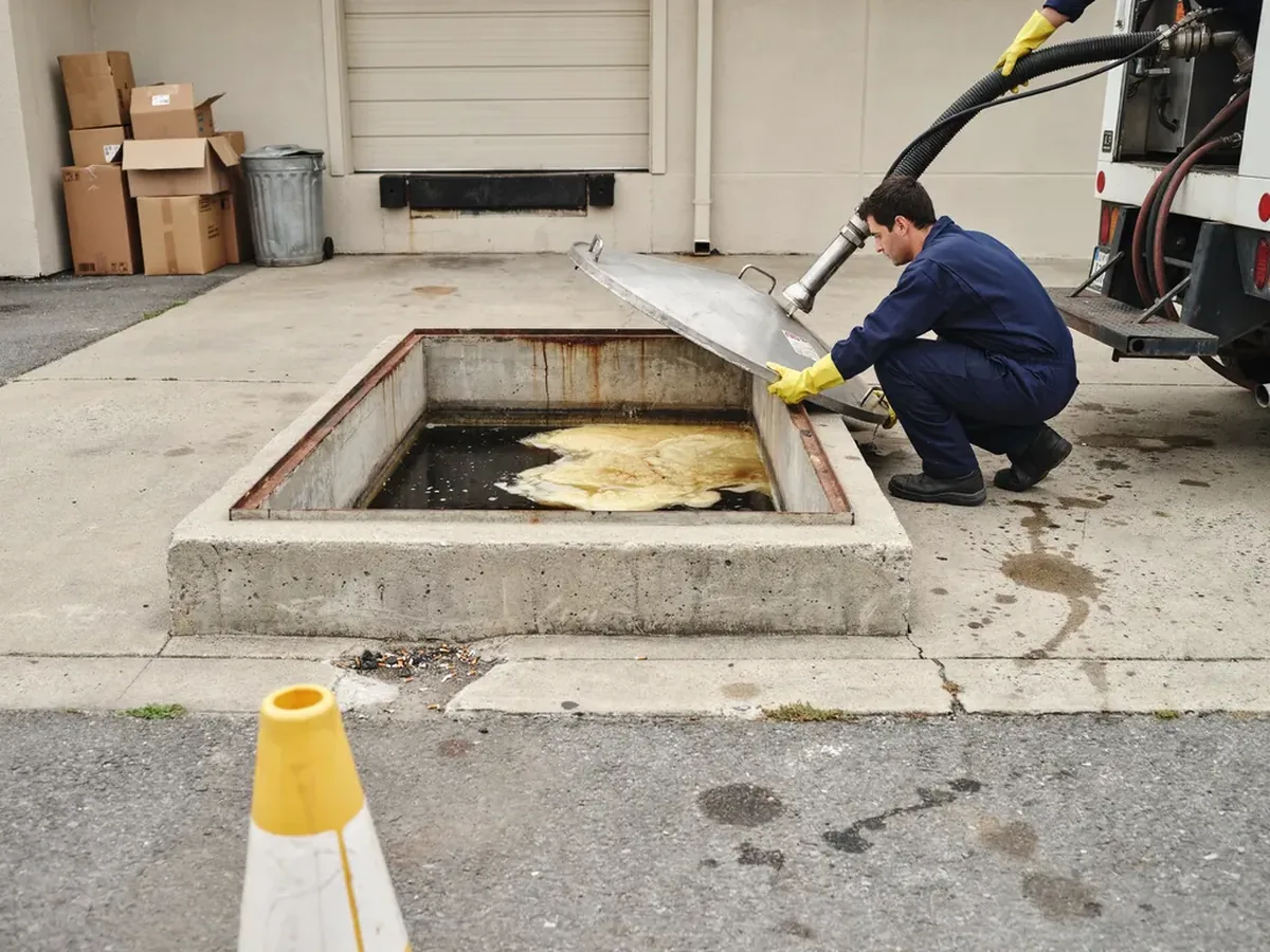 In-ground grease interceptor with the lid lifted off showing a thick grease layer, with a vacuum hose lowered in