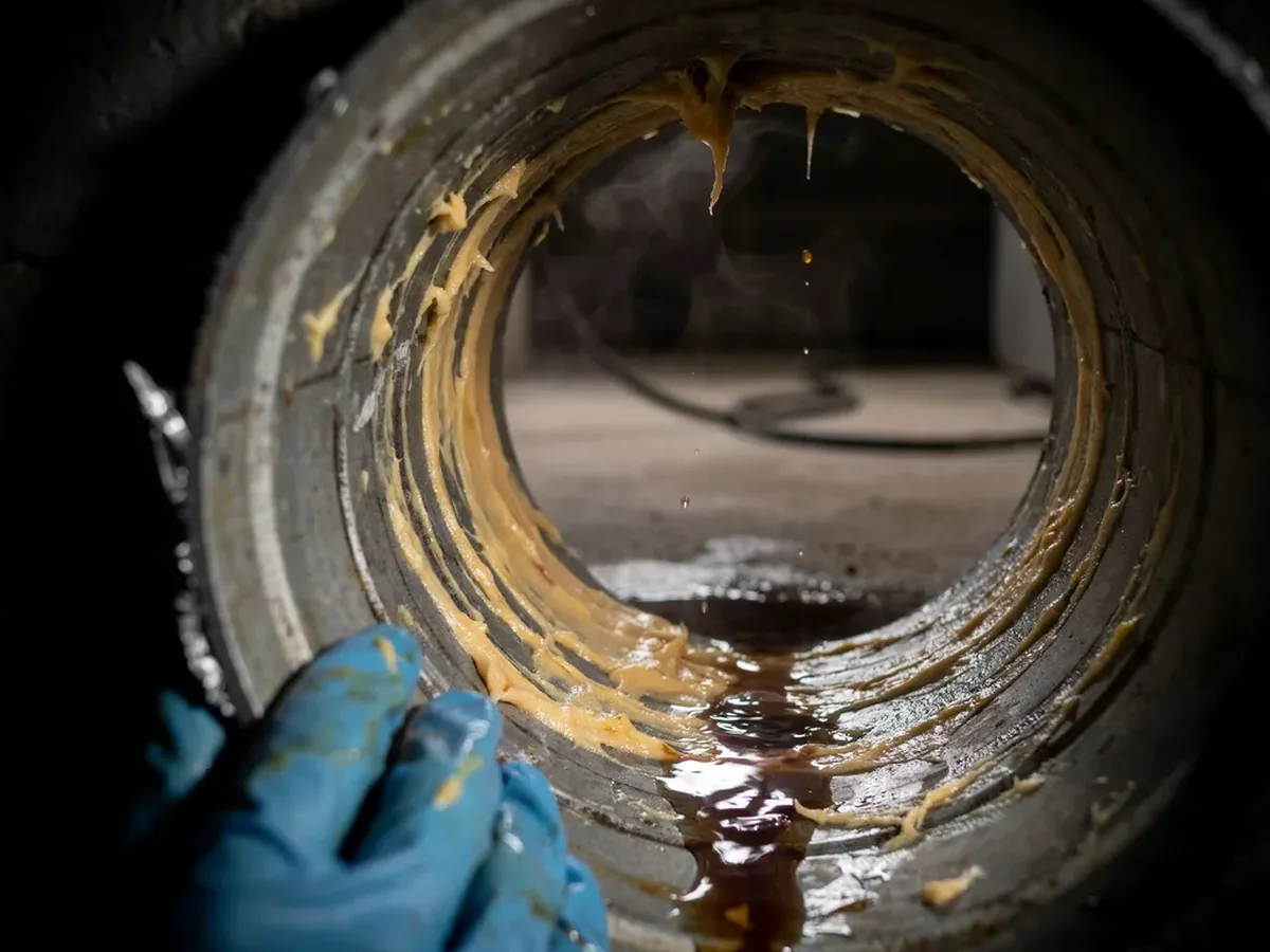 Inside of a heavily grease-coated drain pipe seen through a cut opening, buildup narrowing the bore