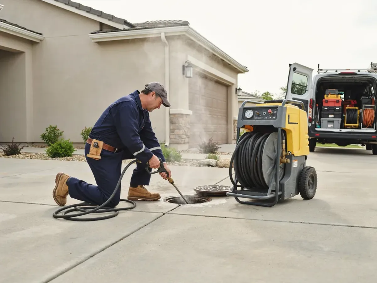 Hydro jetting machine and coiled high-pressure hose on a driveway, with the jetting line fed into a sewer cleanout