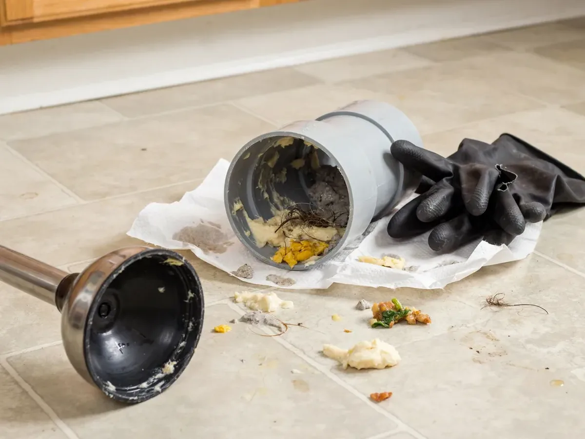 Congealed grease and food debris clogging the inside of an opened kitchen drain pipe
