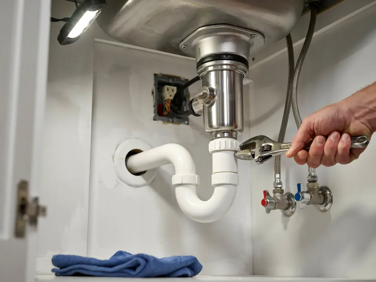 Under-sink view of a newly installed garbage disposal, P-trap and quarter-turn shutoff valves in a kitchen cabinet