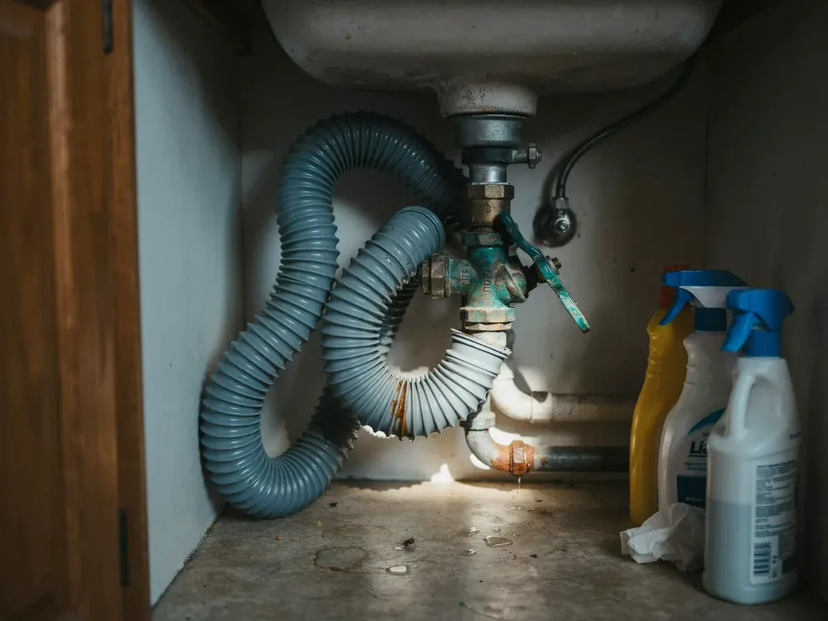 Tangle of old corrugated waste pipe and corroded shutoff valves under a kitchen sink before replacement