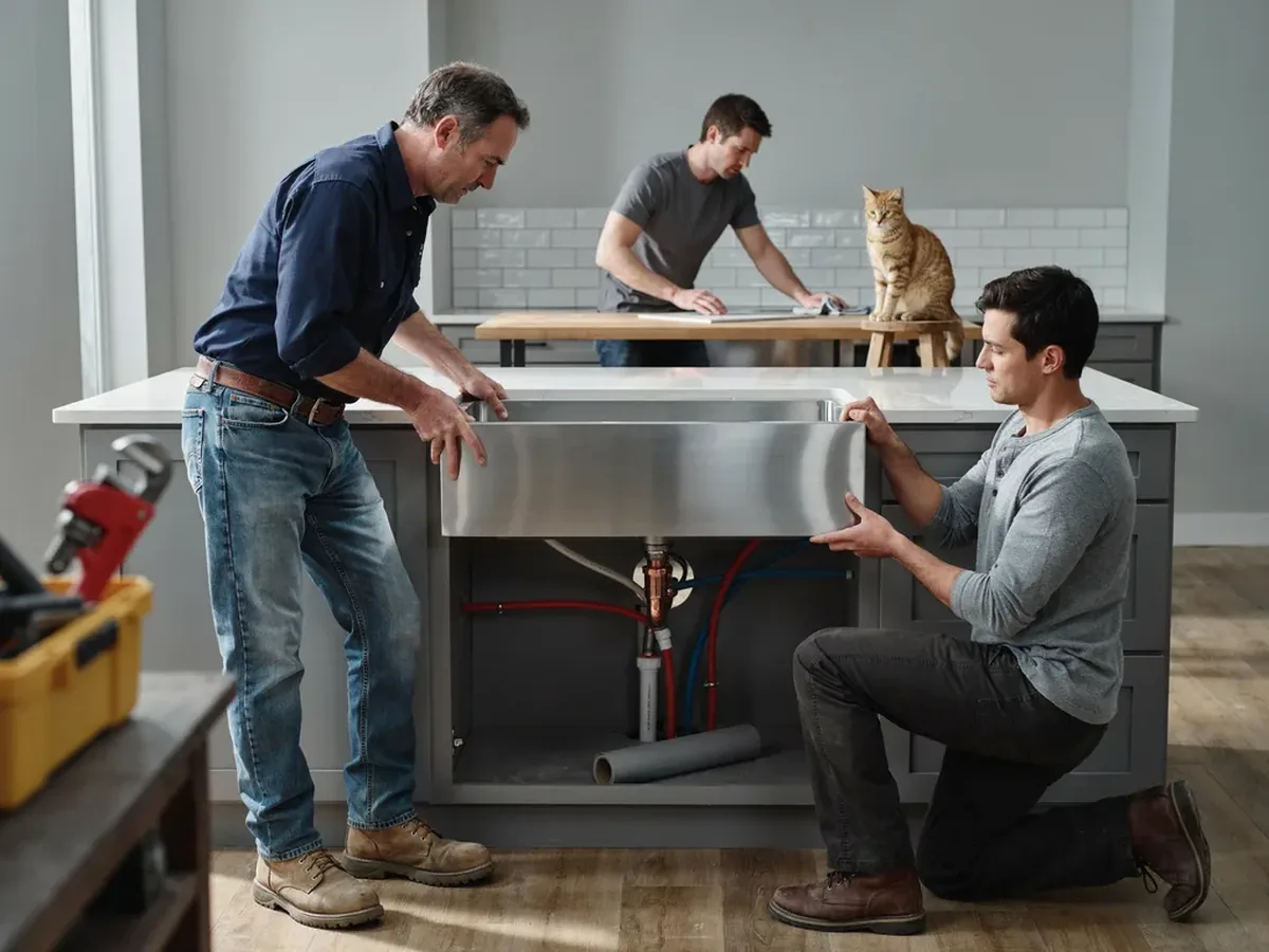 Two plumbers lowering a large stainless steel farmhouse sink into a stone countertop cutout