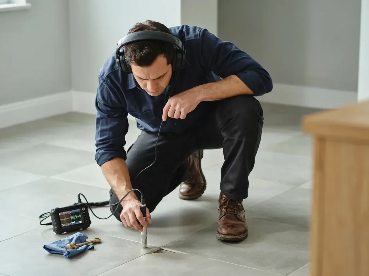 Plumber using electronic acoustic leak detection equipment on a tiled floor to pinpoint a hidden water leak