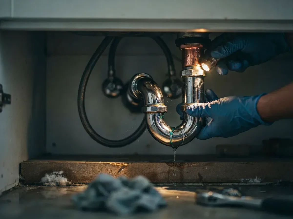 Plumber inspecting a corroded, dripping P-trap and water-damaged cabinet base beneath a kitchen sink