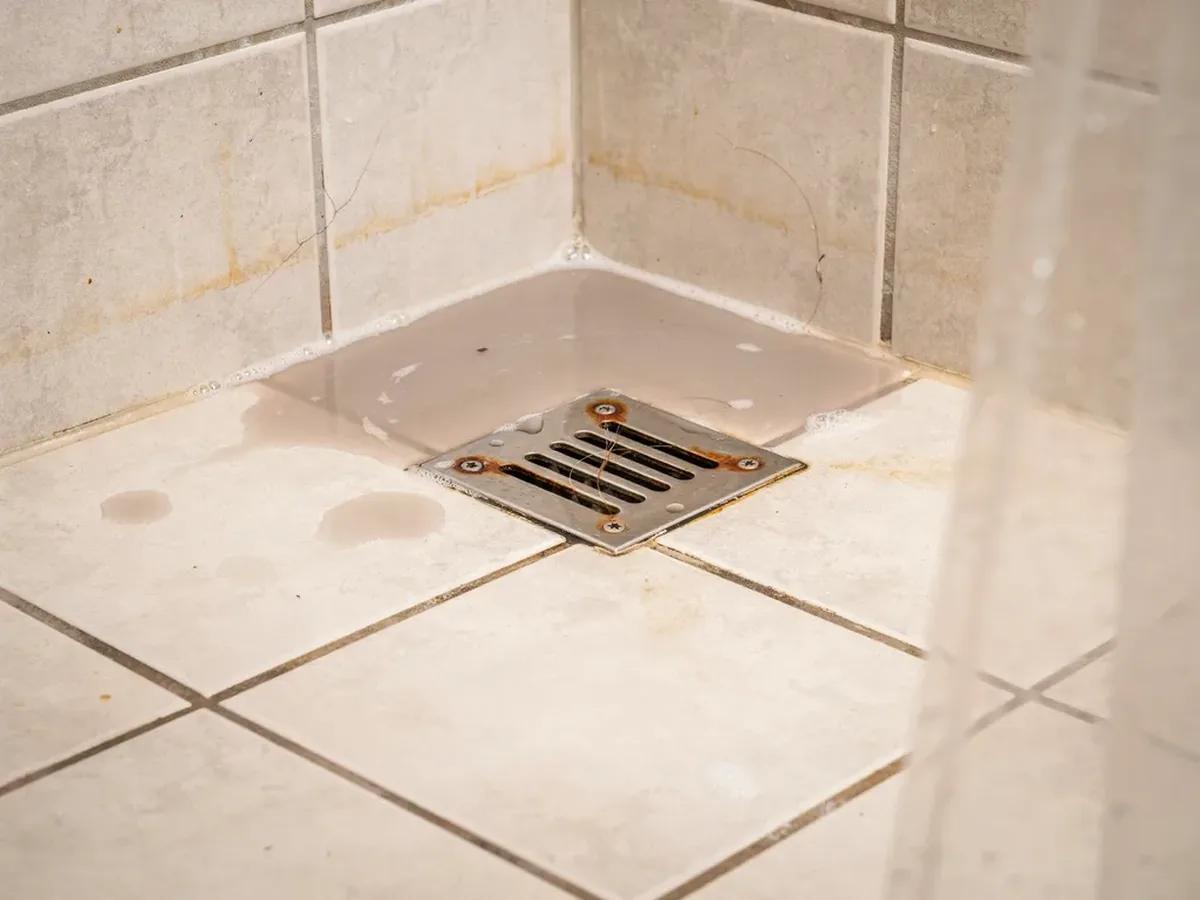 Dirty water backing up and pooling around the drain grate of a shower pan, a sign of a main line blockage