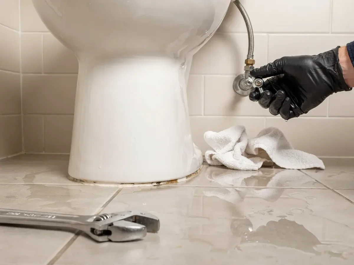 Plumber closing the angle stop valve behind an overflowing toilet, water pooled across the bathroom floor