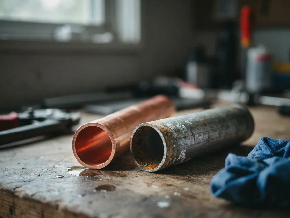 Two cut sections of pipe side by side on a workbench, clean new copper against badly corroded galvanized steel